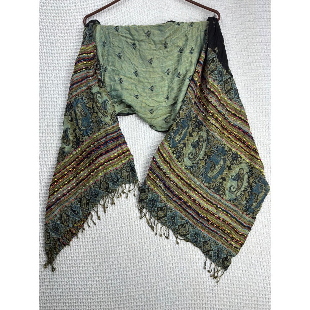 Boho Womens Unbranded Paisley Sequin Fringe Wrap Scarf OS Green Multicolored